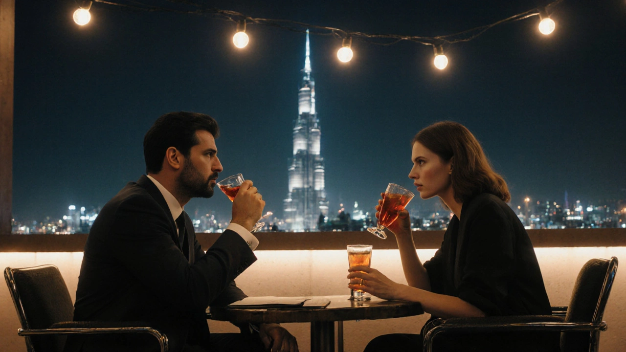 A man and woman sit in a Dubai rooftop bar, drinking quietly, the Burj Khalifa visible in the distance.