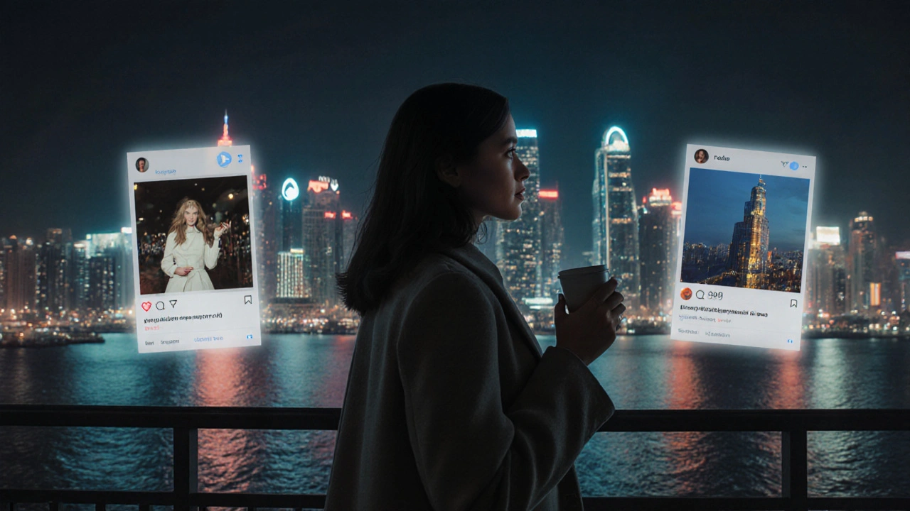 A Russian woman on a Dubai Marina balcony at night, surrounded by fading social media images.