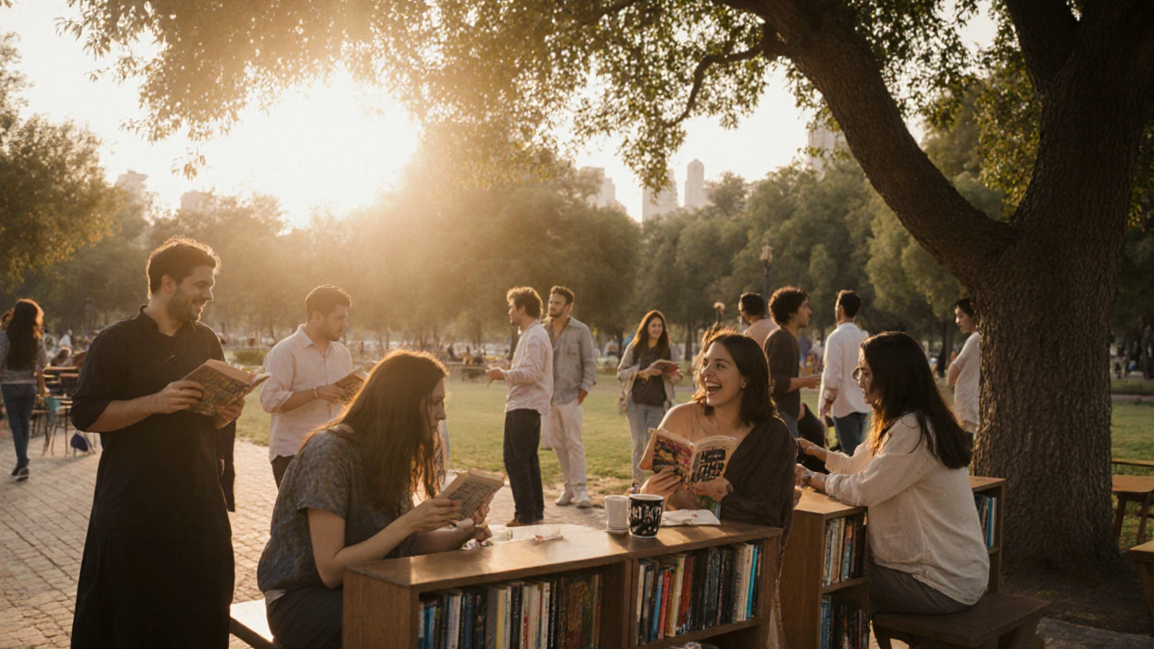 Expats socialize in a Dubai park at sunset, laughing and reading together in a peaceful, legal setting.
