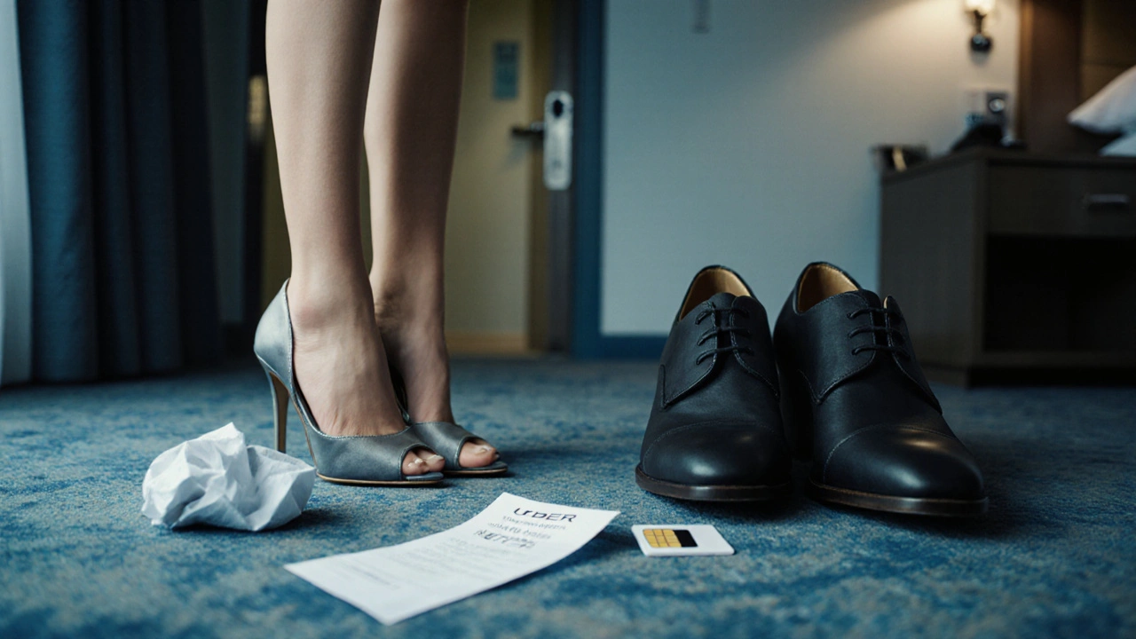 Two pairs of shoes and a SIM card on a hotel floor, suggesting a discreet encounter’s aftermath.